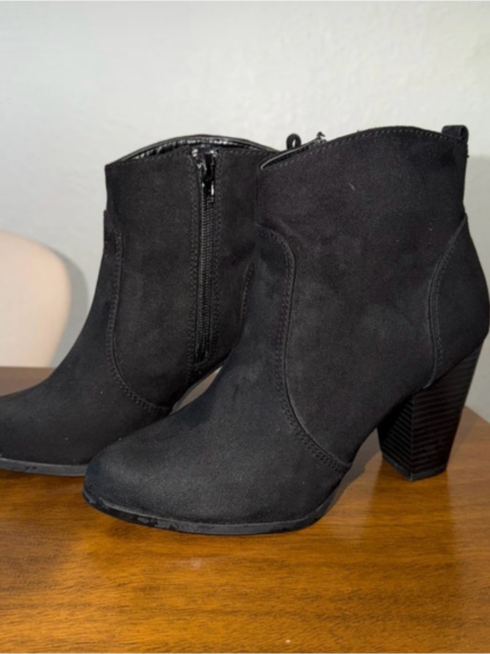 Express Black Suede-Look Ankle Booties with Stacked Block Heel